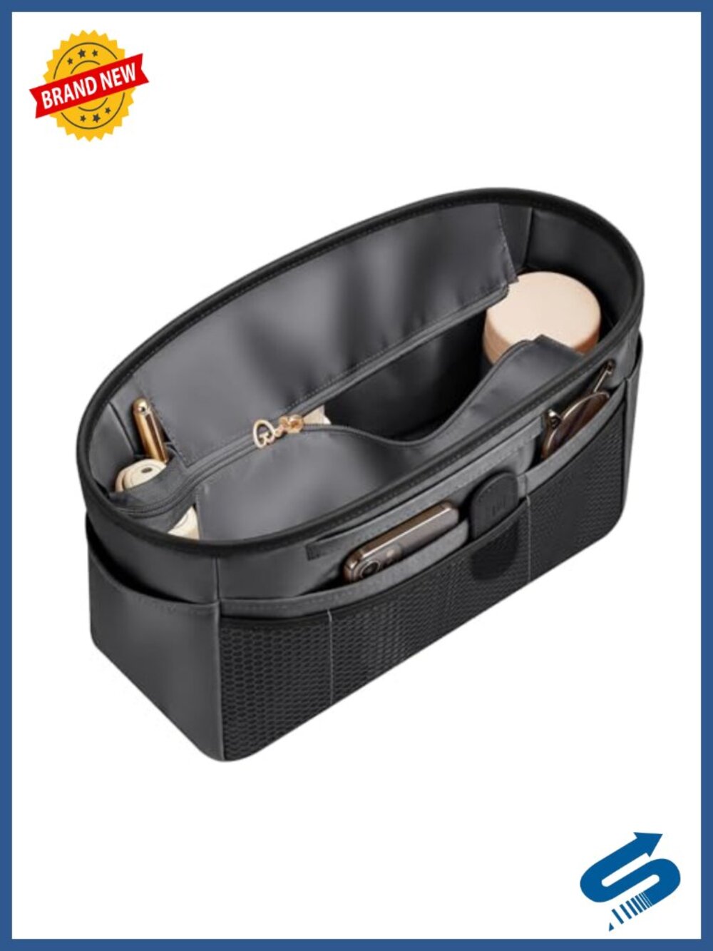 Satin Purse Organizer Insert for Tote Bag, Handbag Interior with Pockets, Zipper